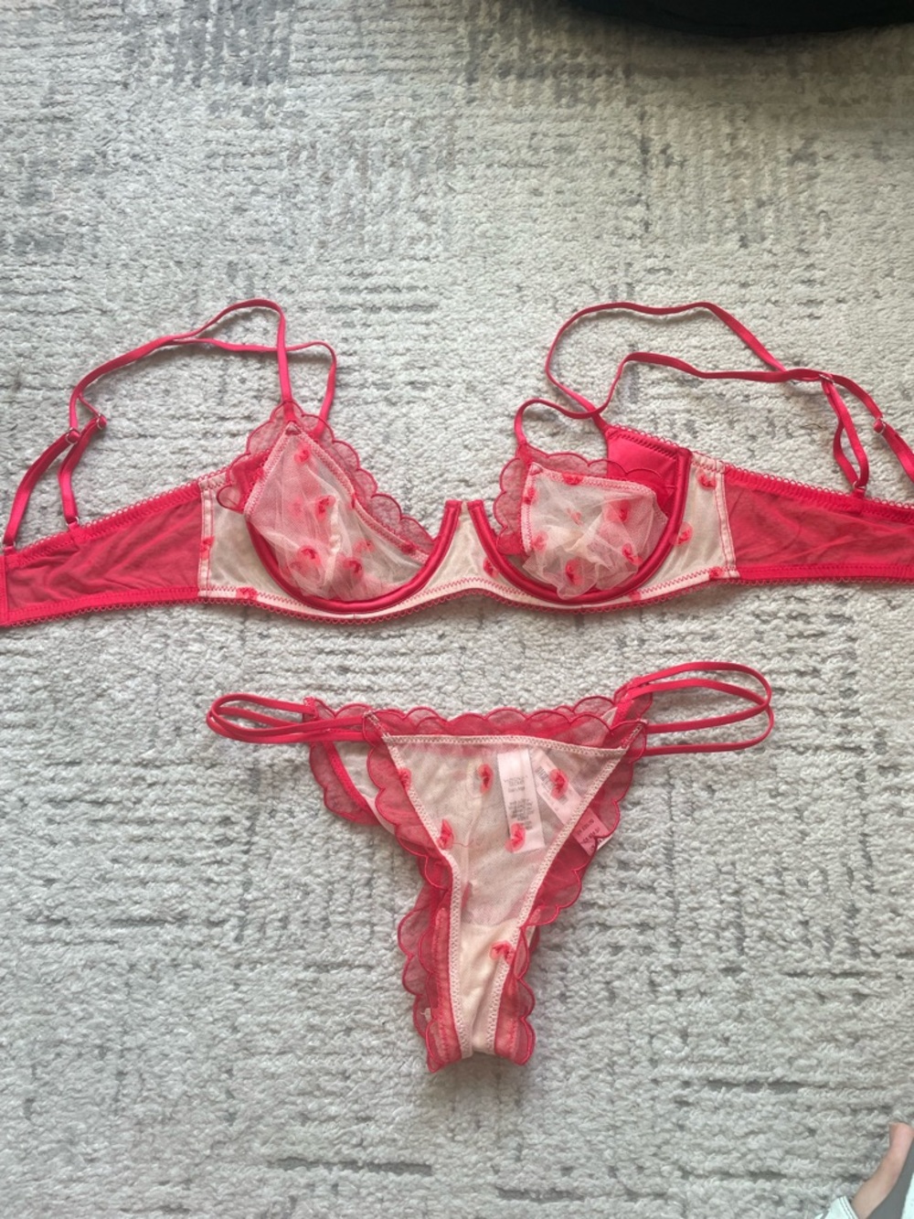 Victorias Secret Dream Angels Red and Cream Sheer Lace Bralette Set